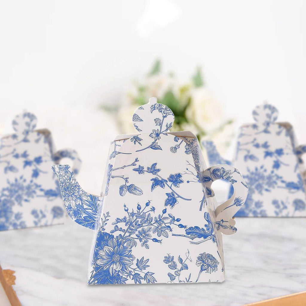 25 Pack White Blue Mini Teapot Party Favor Boxes in French Toile Pattern, Tea Time Gift Boxes - 5"x4" - Bell Racket Store