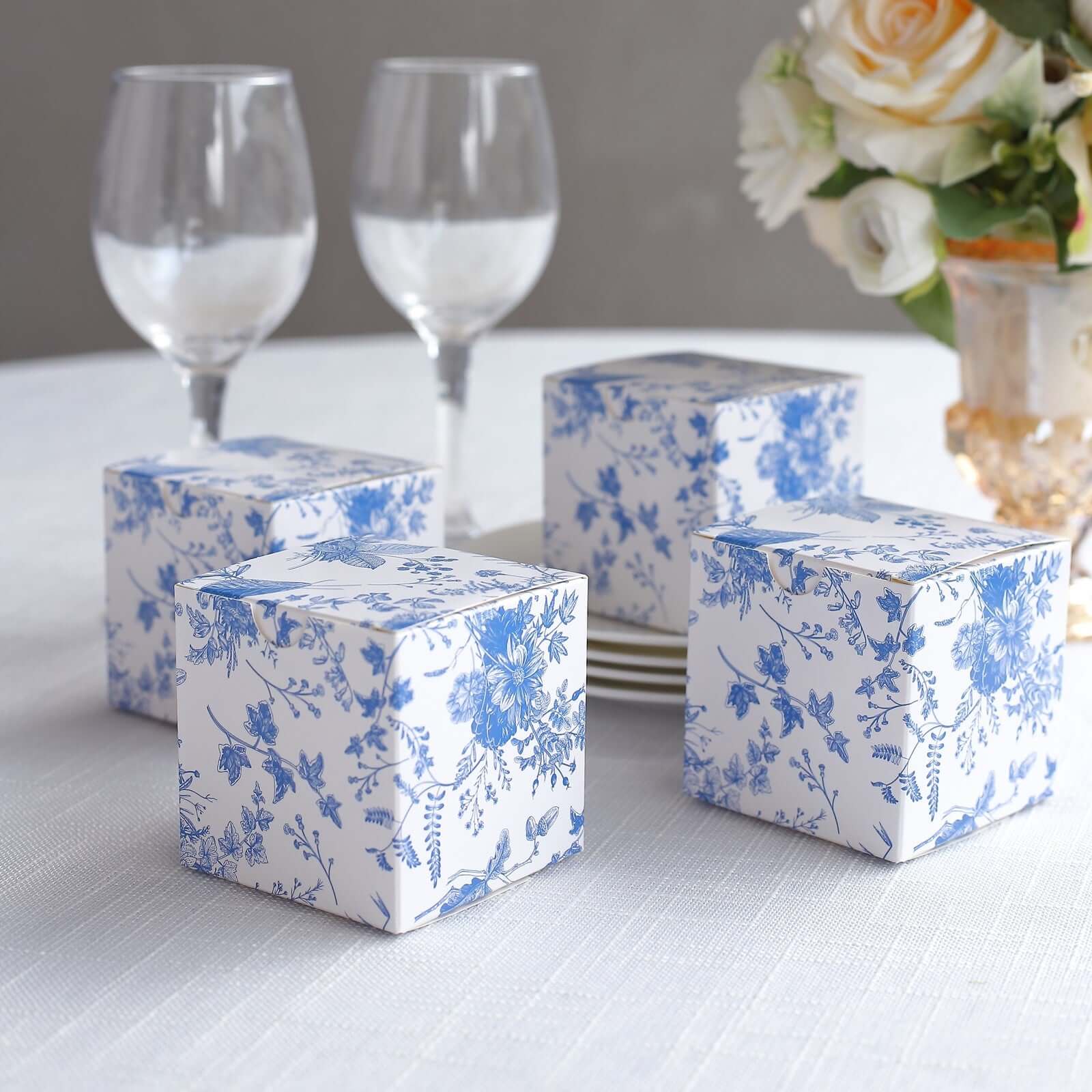 25 Pack White Blue Paper Favor Boxes in French Toile Pattern, Cardstock Party Shower Candy Gift Boxes - 3"x3"x3" - Bell Racket Store