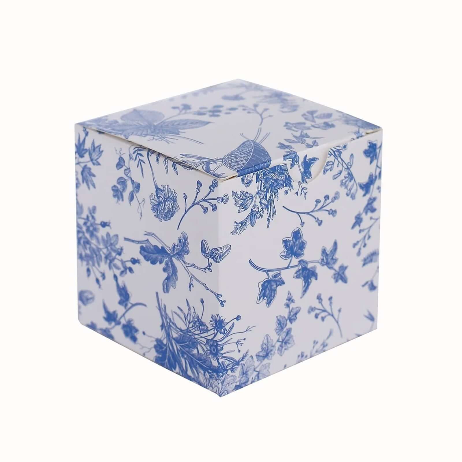 25 Pack White Blue Paper Favor Boxes in French Toile Pattern, Cardstock Party Shower Candy Gift Boxes - 3"x3"x3" - Bell Racket Store