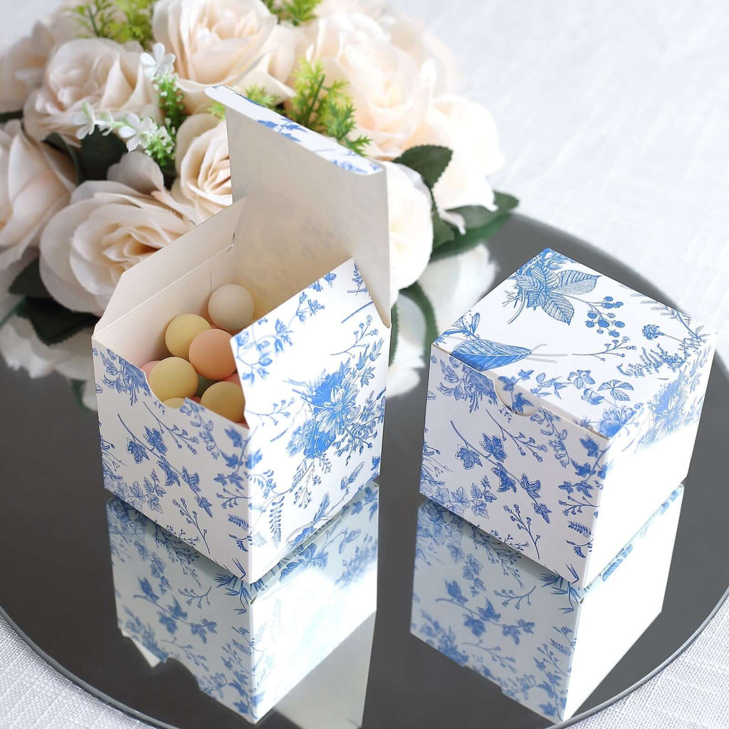 25 Pack White Blue Paper Favor Boxes in French Toile Pattern, Cardstock Party Shower Candy Gift Boxes - 3"x3"x3" - Bell Racket Store