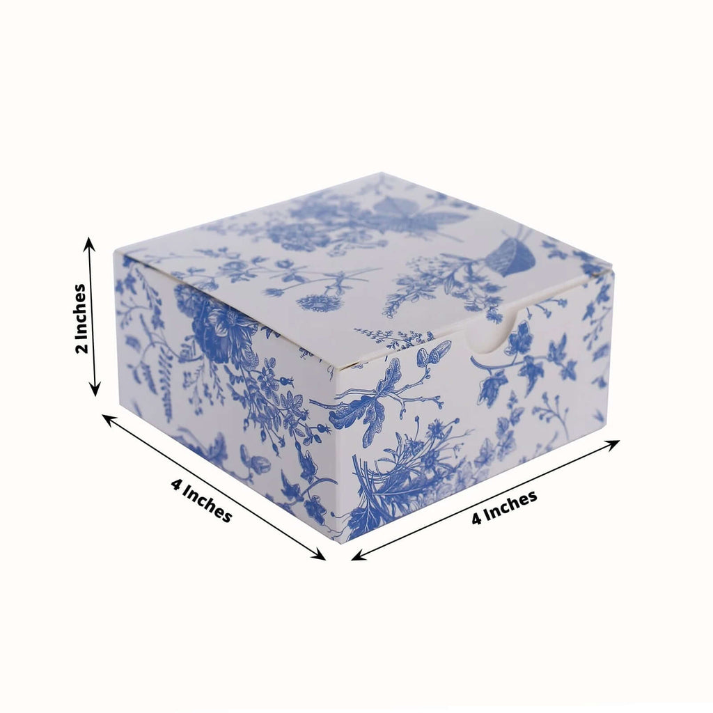 25 Pack White Blue Paper Favor Boxes in French Toile Pattern, Cardstock Party Shower Candy Gift Boxes - 4"x4"x2" - Bell Racket Store
