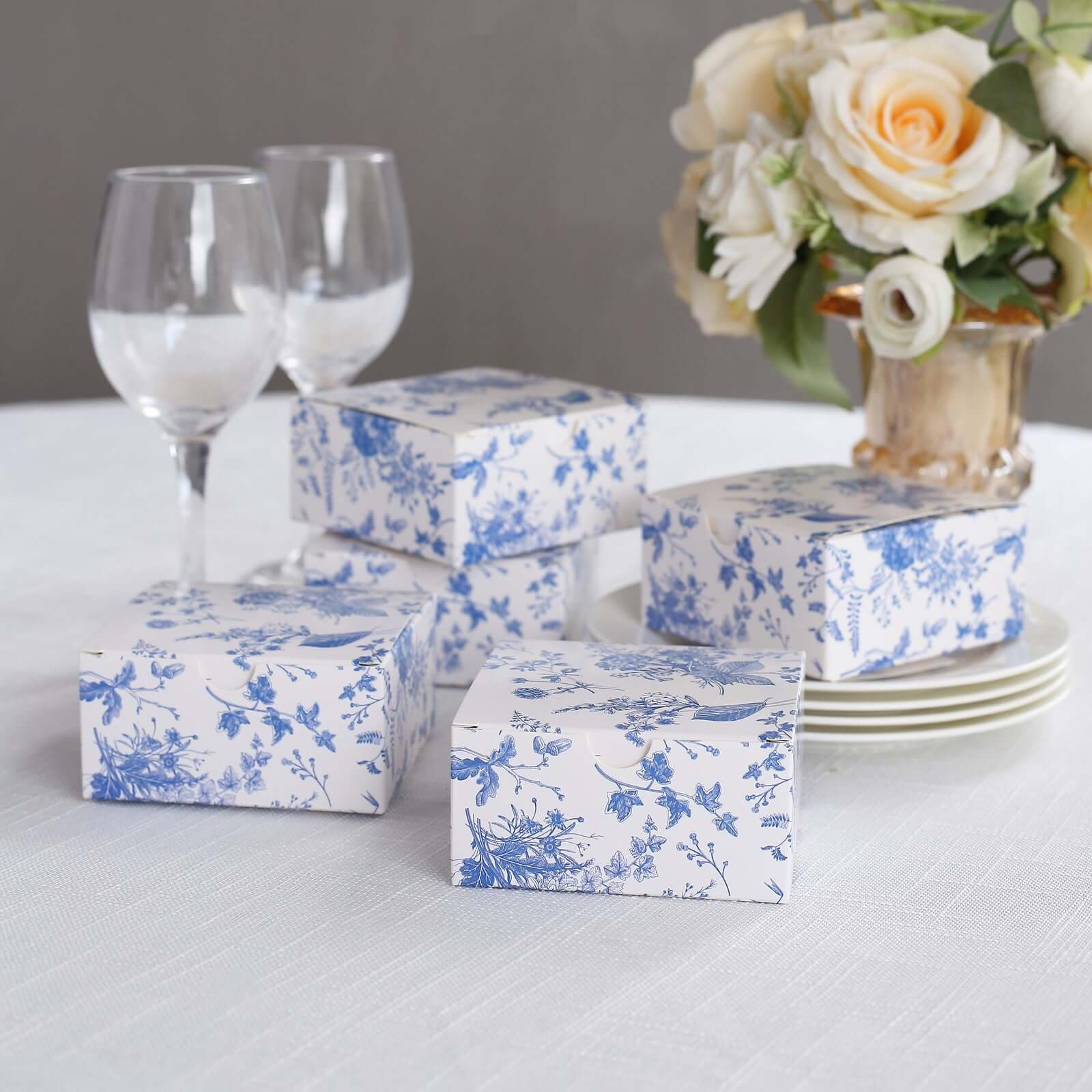 25 Pack White Blue Paper Favor Boxes in French Toile Pattern, Cardstock Party Shower Candy Gift Boxes - 4"x4"x2" - Bell Racket Store
