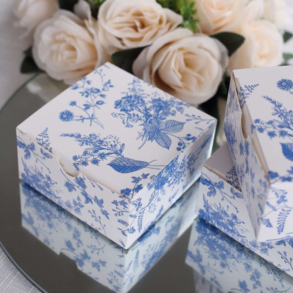25 Pack White Blue Paper Favor Boxes in French Toile Pattern, Cardstock Party Shower Candy Gift Boxes - 4"x4"x2" - Bell Racket Store