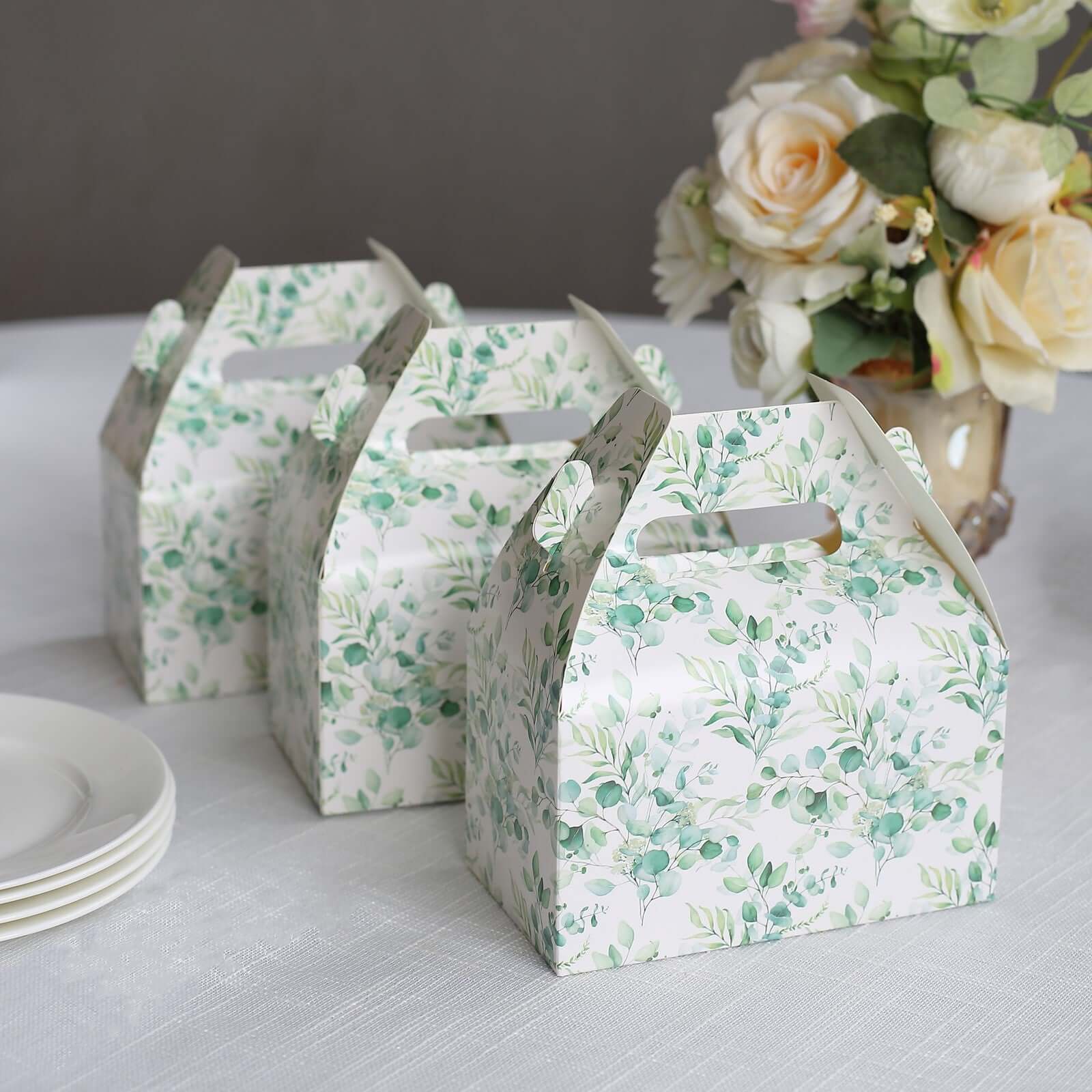 25 Pack White Green Candy Gift Tote Gable Boxes with Eucalyptus Leaves Print, Party Favor Treat Boxes - 6"x3.5"x7" - Bell Racket Store