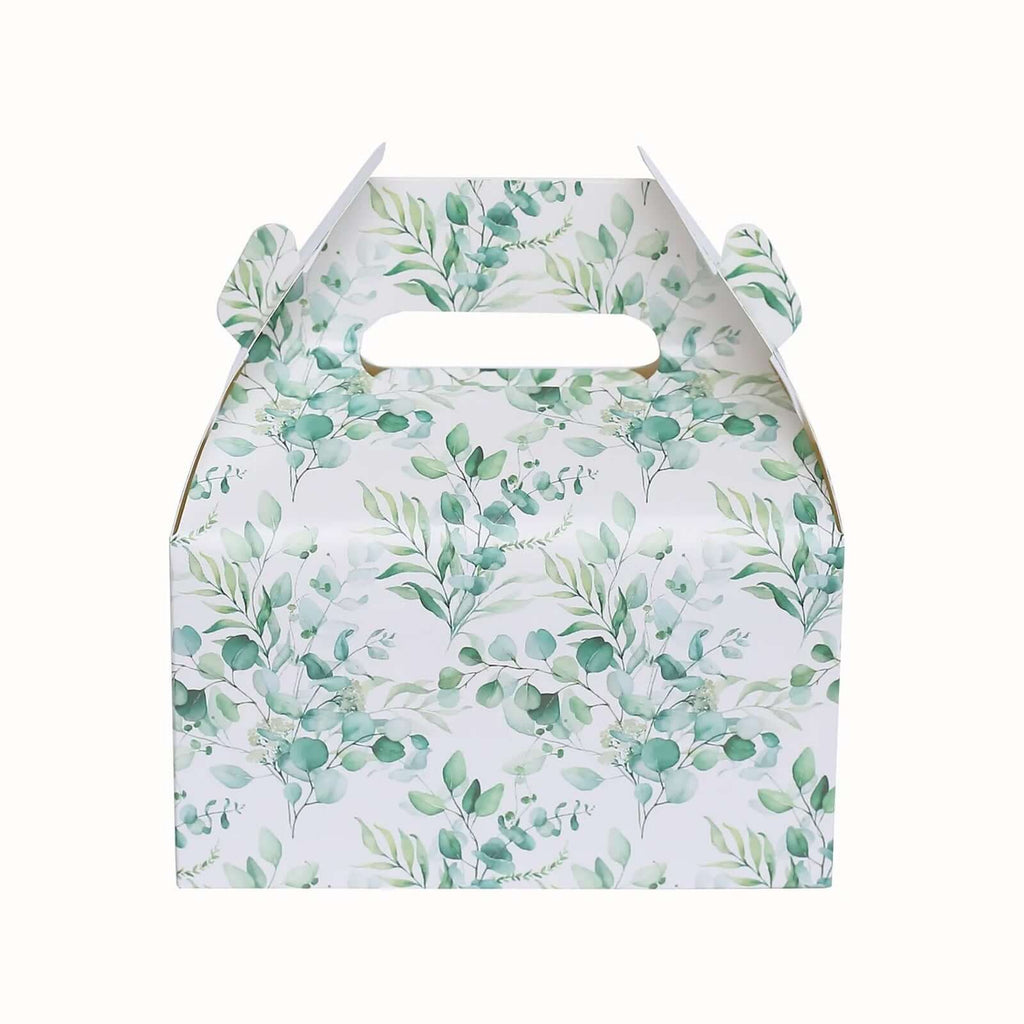 25 Pack White Green Candy Gift Tote Gable Boxes with Eucalyptus Leaves Print, Party Favor Treat Boxes - 6"x3.5"x7" - Bell Racket Store