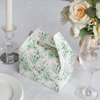 25 Pack White Green Candy Gift Tote Gable Boxes with Eucalyptus Leaves Print, Party Favor Treat Boxes - 6"x3.5"x7" - Bell Racket Store