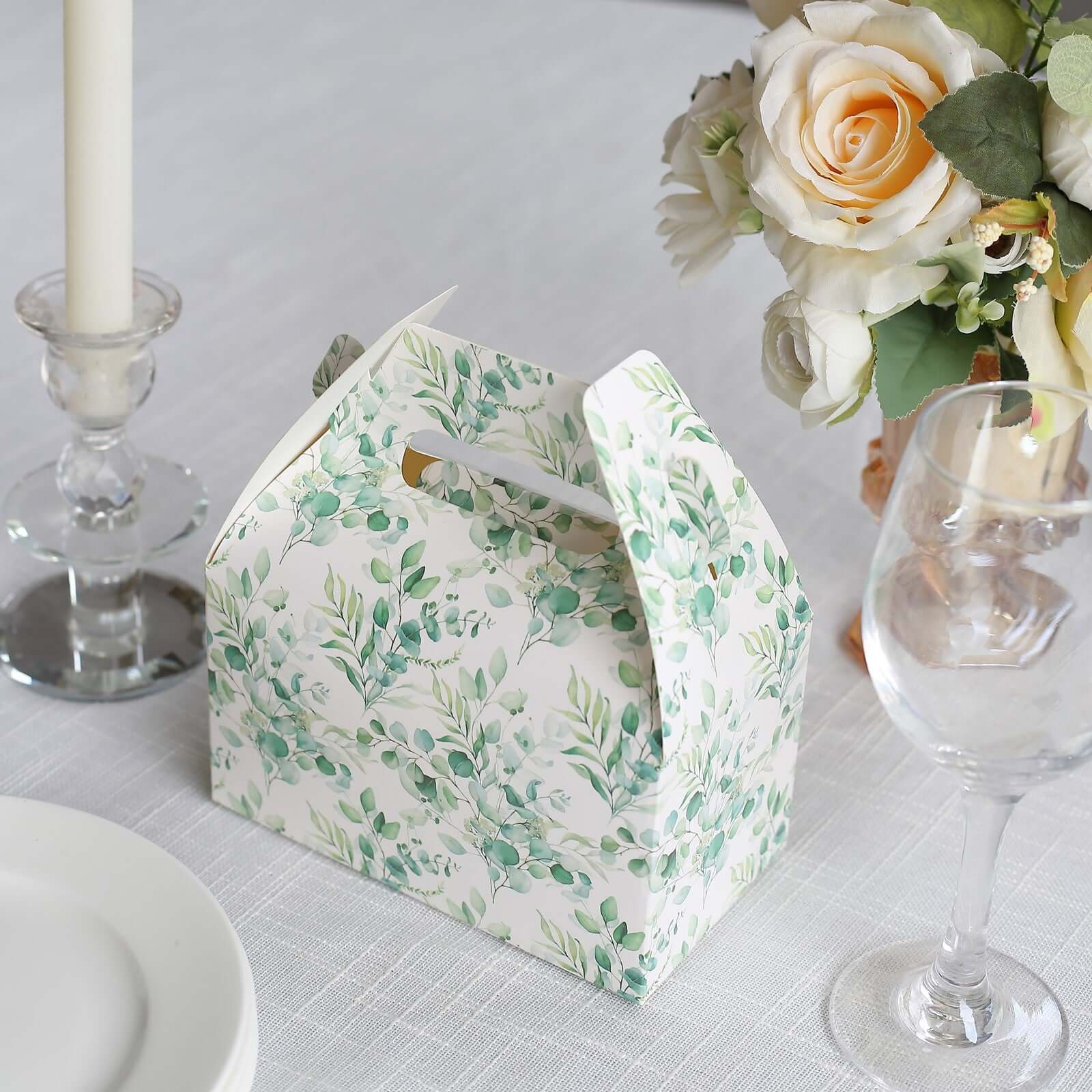 25 Pack White Green Candy Gift Tote Gable Boxes with Eucalyptus Leaves Print, Party Favor Treat Boxes - 6"x3.5"x7" - Bell Racket Store