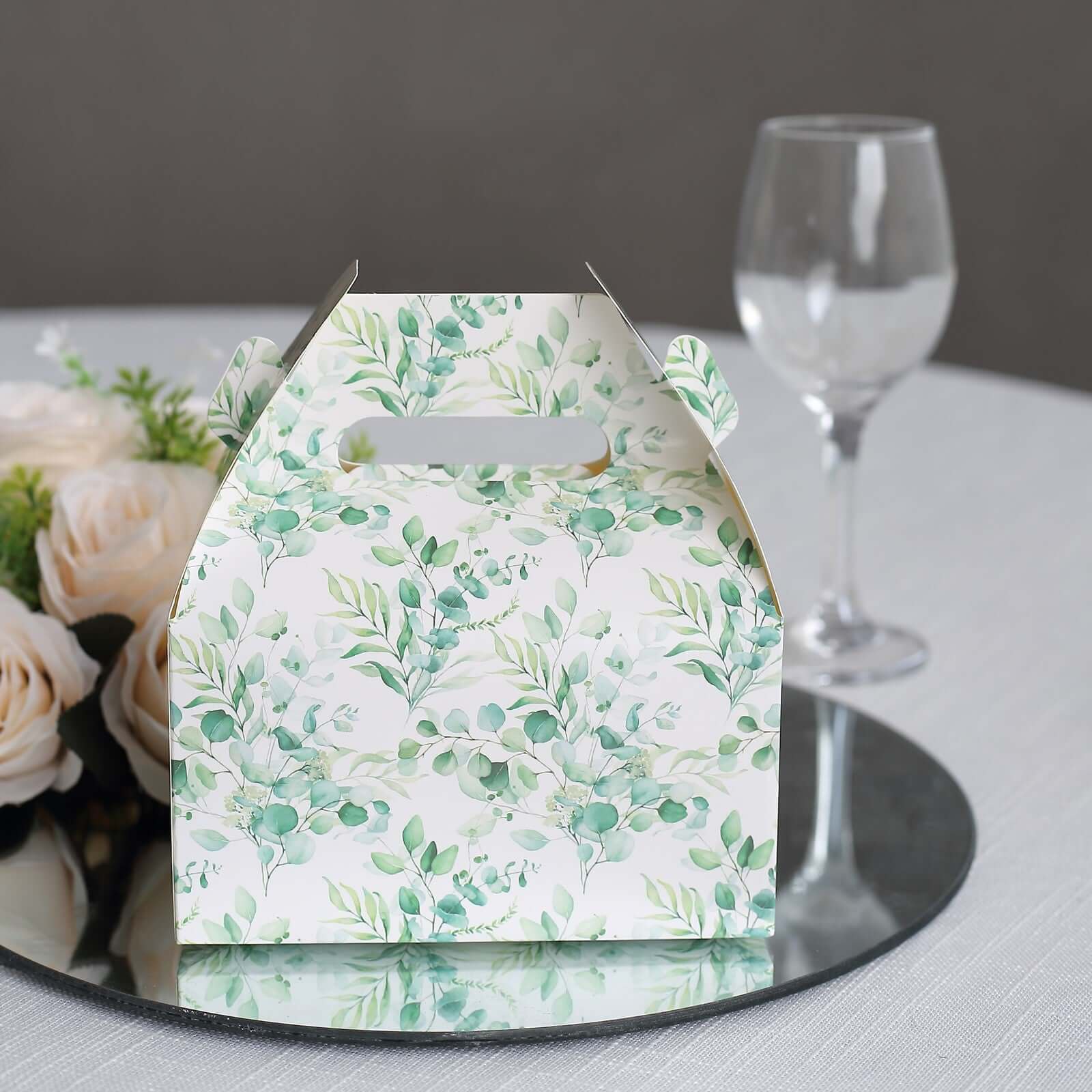 25 Pack White Green Candy Gift Tote Gable Boxes with Eucalyptus Leaves Print, Party Favor Treat Boxes - 6"x3.5"x7" - Bell Racket Store