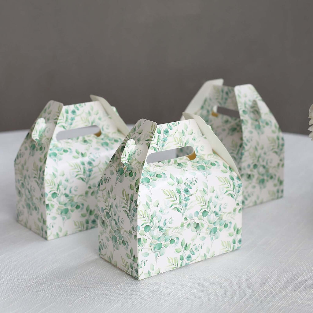 25 Pack White Green Candy Gift Tote Gable Boxes with Eucalyptus Leaves Print, Party Favor Treat Boxes - 6"x3.5"x7" - Bell Racket Store