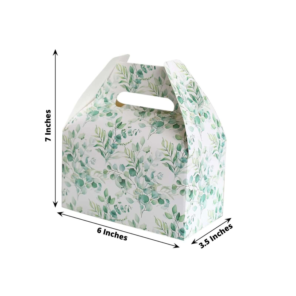25 Pack White Green Candy Gift Tote Gable Boxes with Eucalyptus Leaves Print, Party Favor Treat Boxes - 6"x3.5"x7" - Bell Racket Store