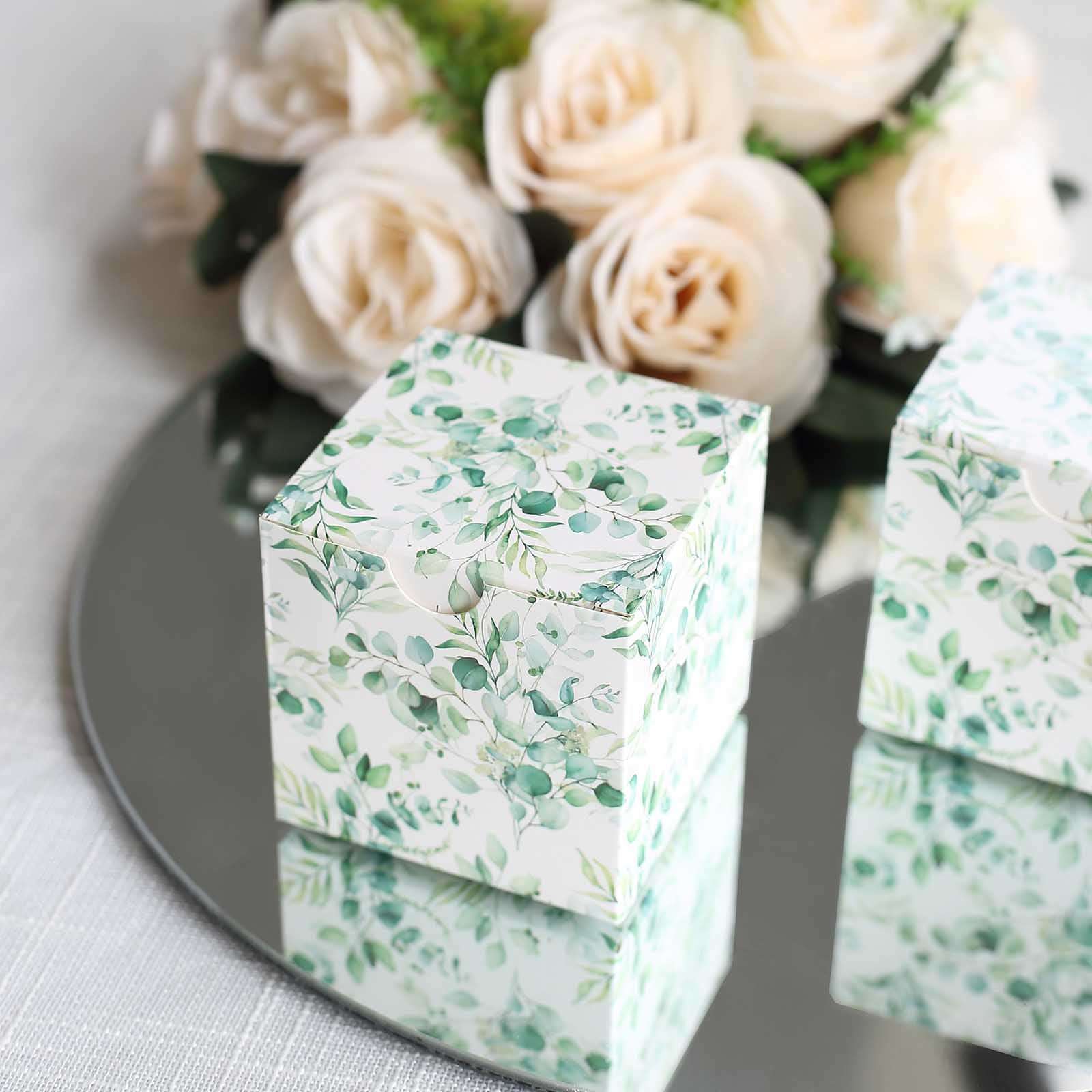 25 Pack White Green Eucalyptus Leaves Print Paper Favor Boxes, Cardstock Party Shower Candy Gift Boxes - 3"x3"x3" - Bell Racket Store