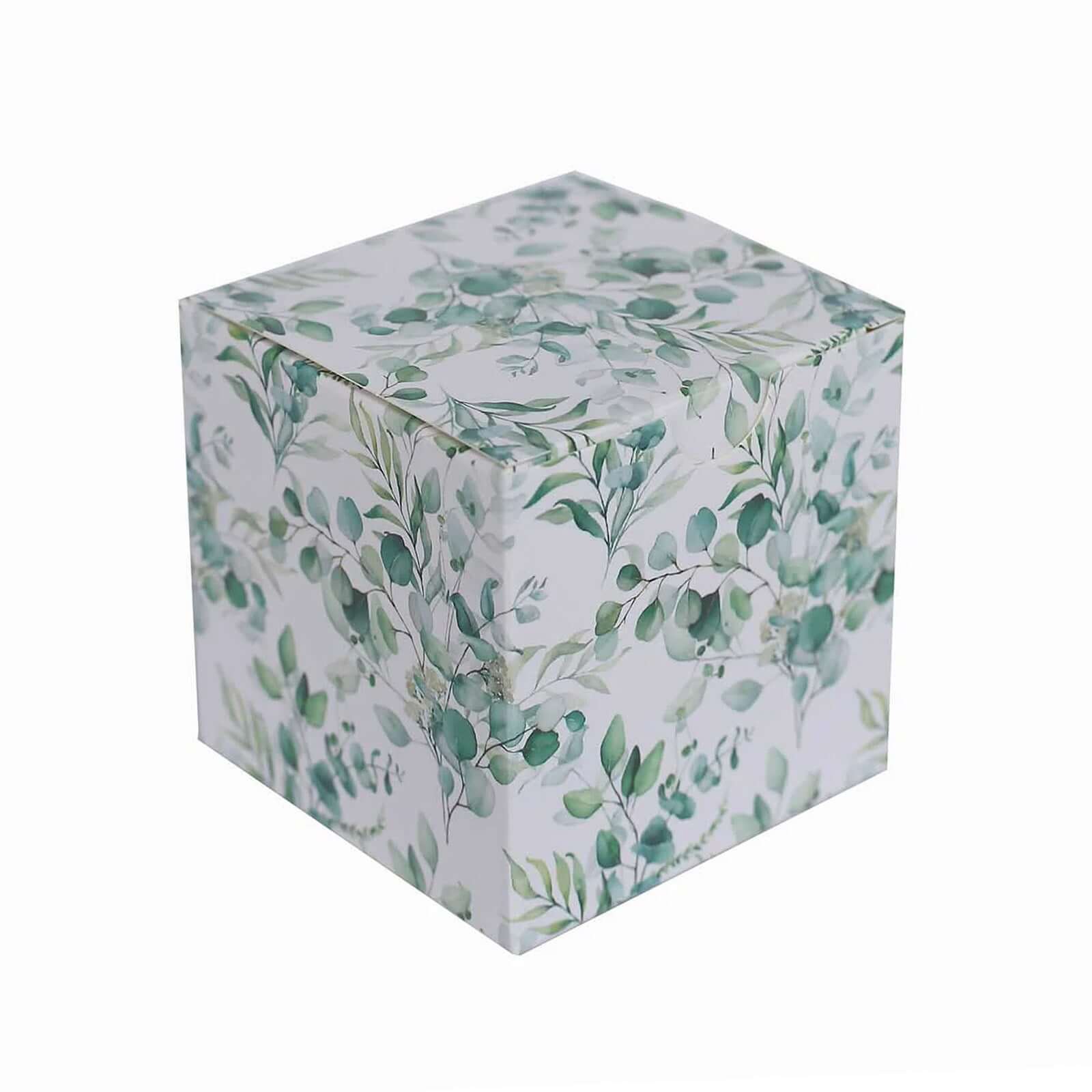 25 Pack White Green Eucalyptus Leaves Print Paper Favor Boxes, Cardstock Party Shower Candy Gift Boxes - 3"x3"x3" - Bell Racket Store