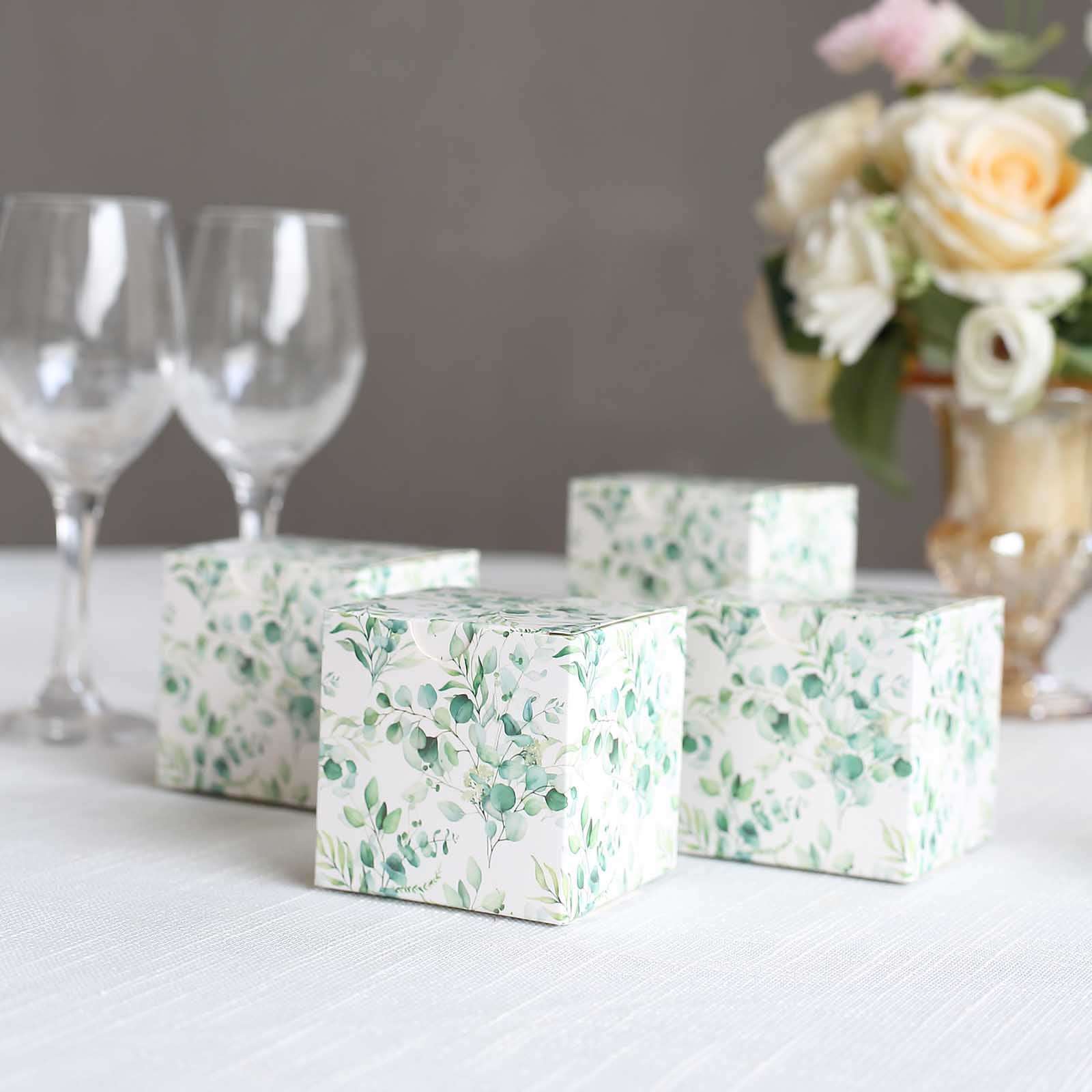 25 Pack White Green Eucalyptus Leaves Print Paper Favor Boxes, Cardstock Party Shower Candy Gift Boxes - 3"x3"x3" - Bell Racket Store