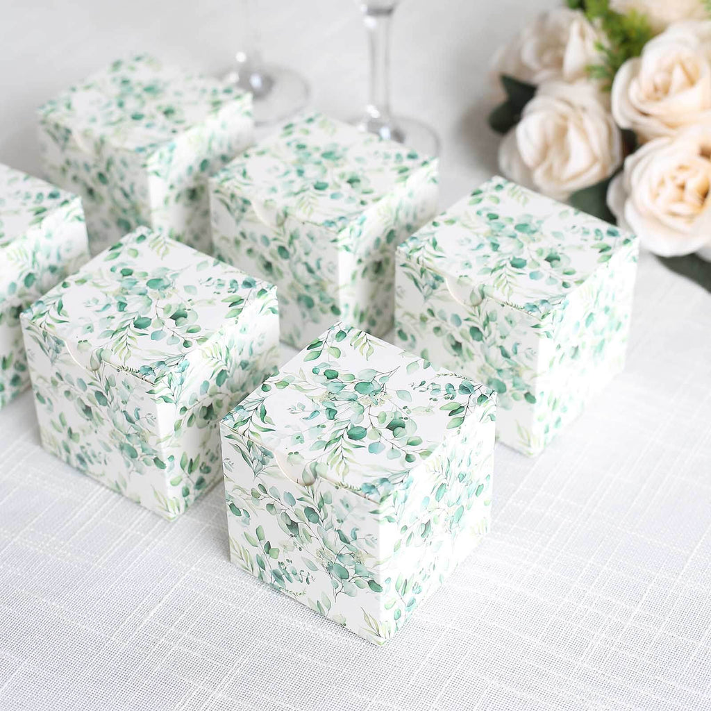 25 Pack White Green Eucalyptus Leaves Print Paper Favor Boxes, Cardstock Party Shower Candy Gift Boxes - 3"x3"x3" - Bell Racket Store