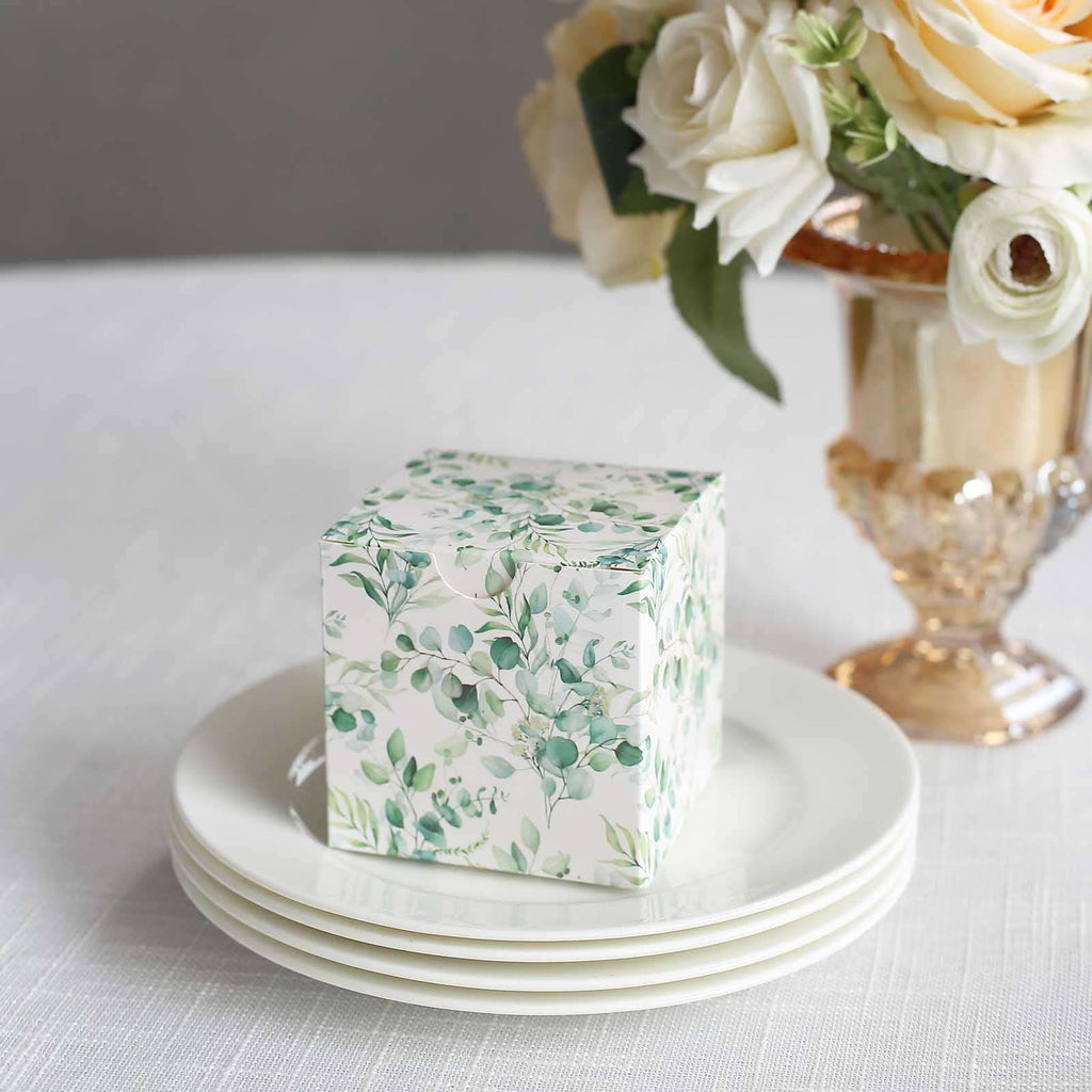 25 Pack White Green Eucalyptus Leaves Print Paper Favor Boxes, Cardstock Party Shower Candy Gift Boxes - 3"x3"x3" - Bell Racket Store