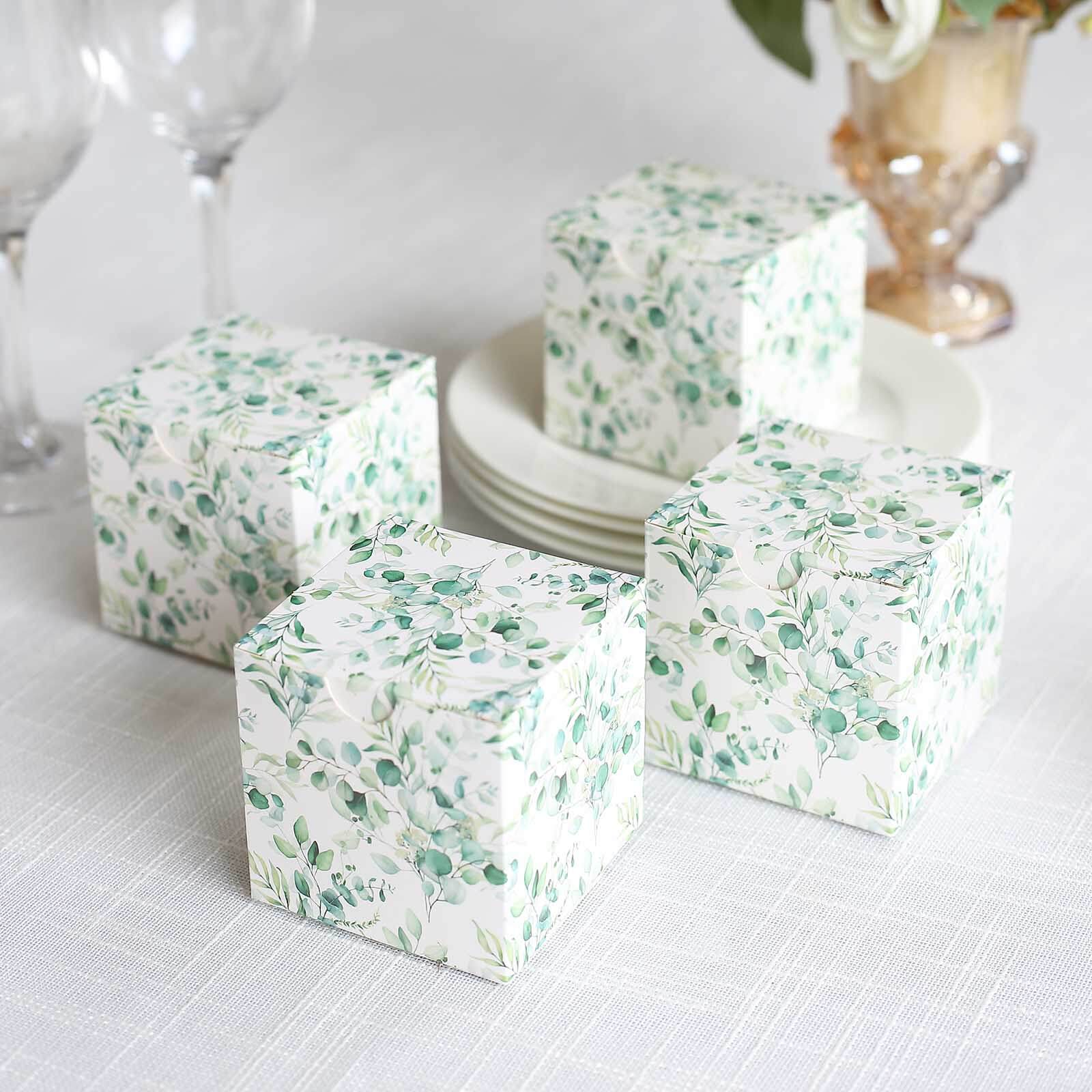 25 Pack White Green Eucalyptus Leaves Print Paper Favor Boxes, Cardstock Party Shower Candy Gift Boxes - 3"x3"x3" - Bell Racket Store