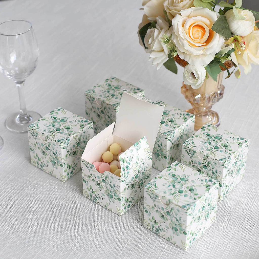 25 Pack White Green Eucalyptus Leaves Print Paper Favor Boxes, Cardstock Party Shower Candy Gift Boxes - 3"x3"x3" - Bell Racket Store