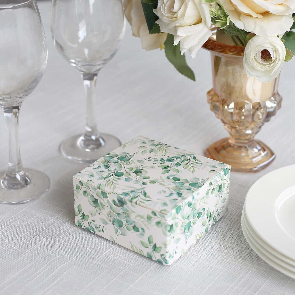 25 Pack White Green Eucalyptus Leaves Print Paper Favor Boxes, Cardstock Party Shower Candy Gift Boxes - 4"x4"x2" - Bell Racket Store