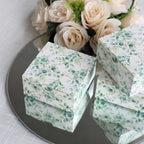 25 Pack White Green Eucalyptus Leaves Print Paper Favor Boxes, Cardstock Party Shower Candy Gift Boxes - 4"x4"x2" - Bell Racket Store