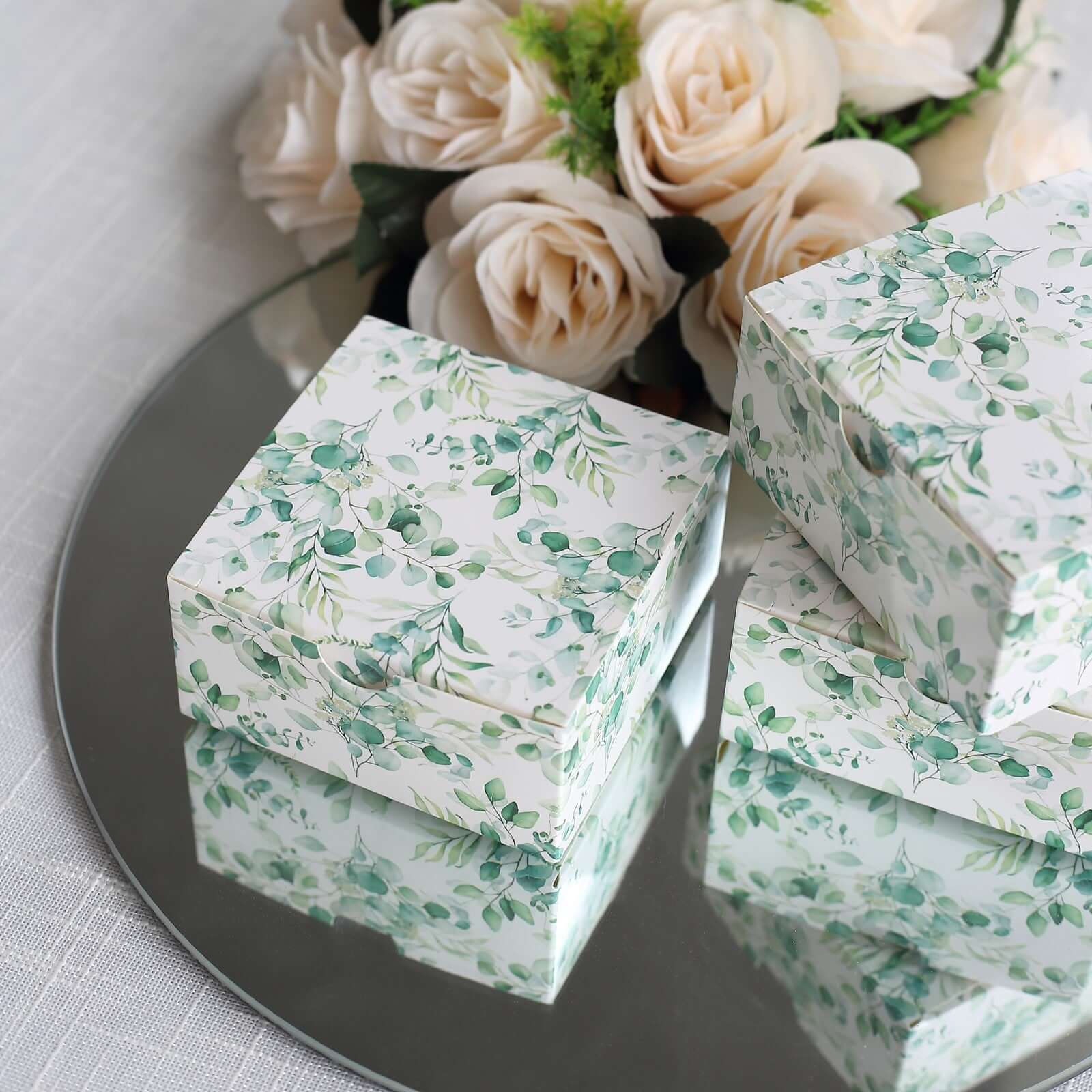 25 Pack White Green Eucalyptus Leaves Print Paper Favor Boxes, Cardstock Party Shower Candy Gift Boxes - 4"x4"x2" - Bell Racket Store