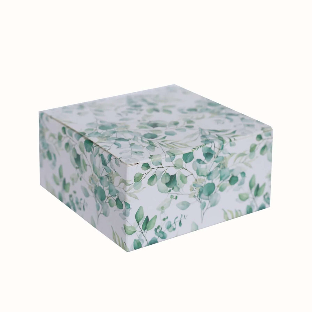 25 Pack White Green Eucalyptus Leaves Print Paper Favor Boxes, Cardstock Party Shower Candy Gift Boxes - 4"x4"x2" - Bell Racket Store
