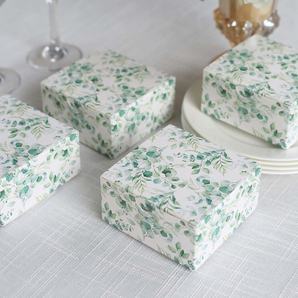 25 Pack White Green Eucalyptus Leaves Print Paper Favor Boxes, Cardstock Party Shower Candy Gift Boxes - 4"x4"x2" - Bell Racket Store