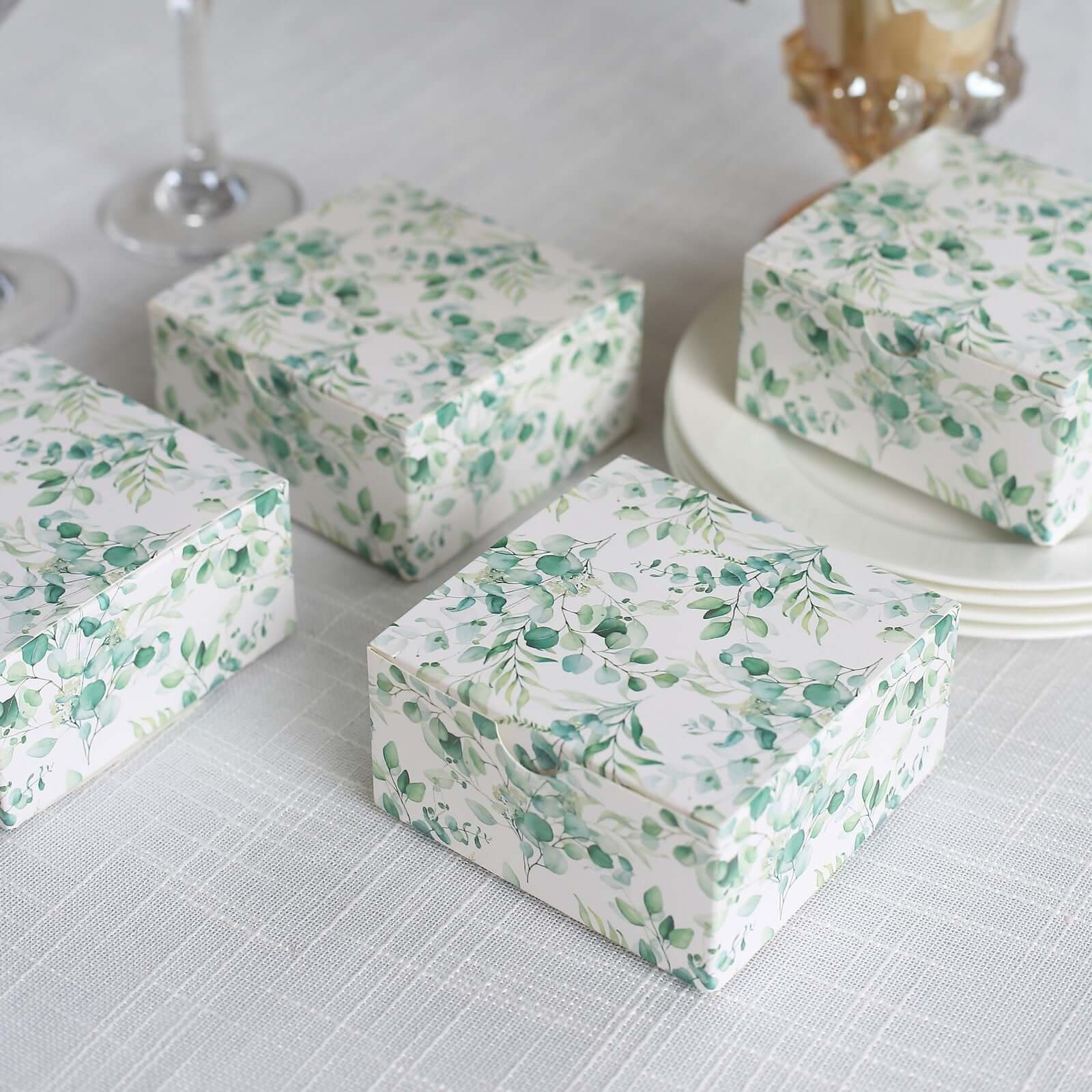 25 Pack White Green Eucalyptus Leaves Print Paper Favor Boxes, Cardstock Party Shower Candy Gift Boxes - 4"x4"x2" - Bell Racket Store