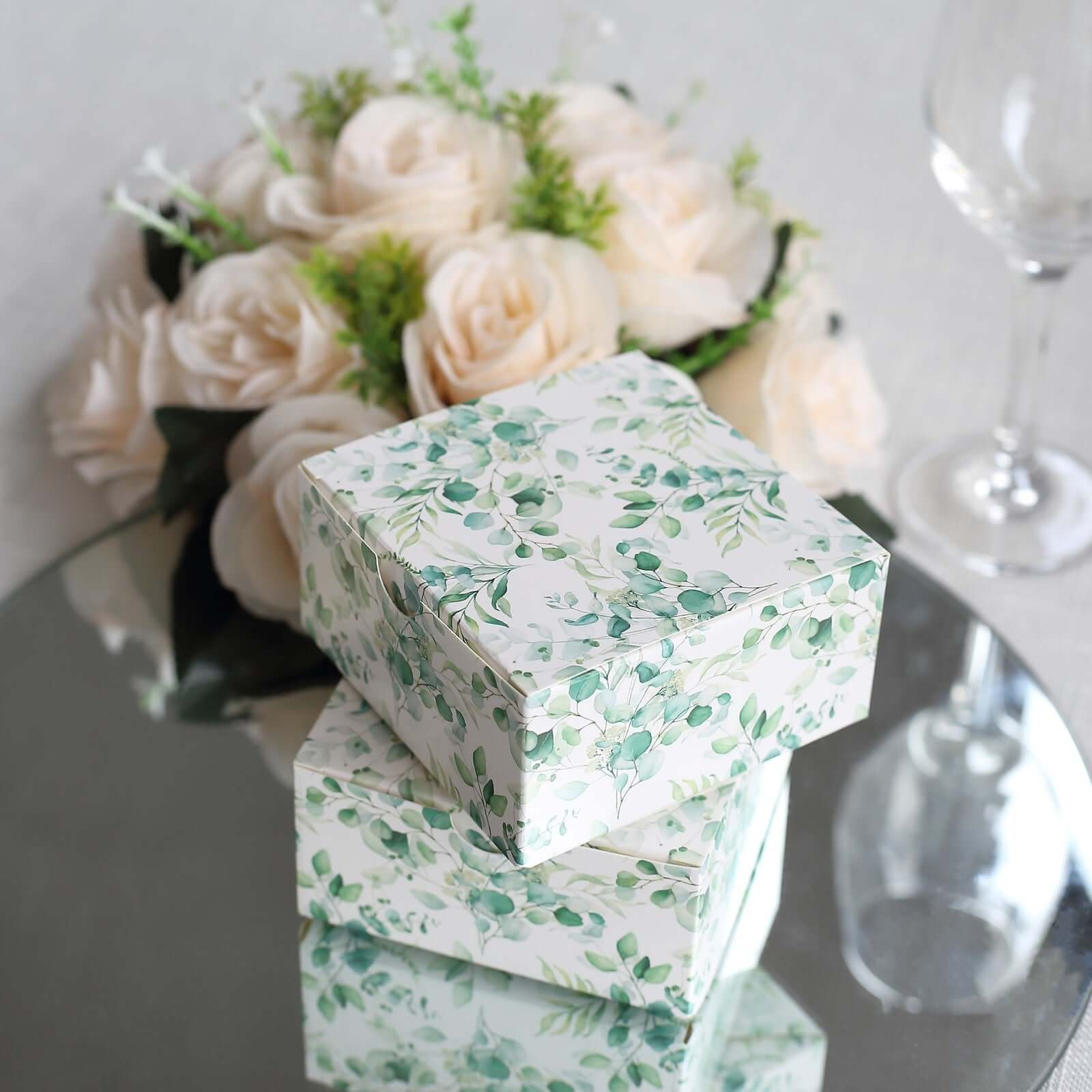 25 Pack White Green Eucalyptus Leaves Print Paper Favor Boxes, Cardstock Party Shower Candy Gift Boxes - 4"x4"x2" - Bell Racket Store