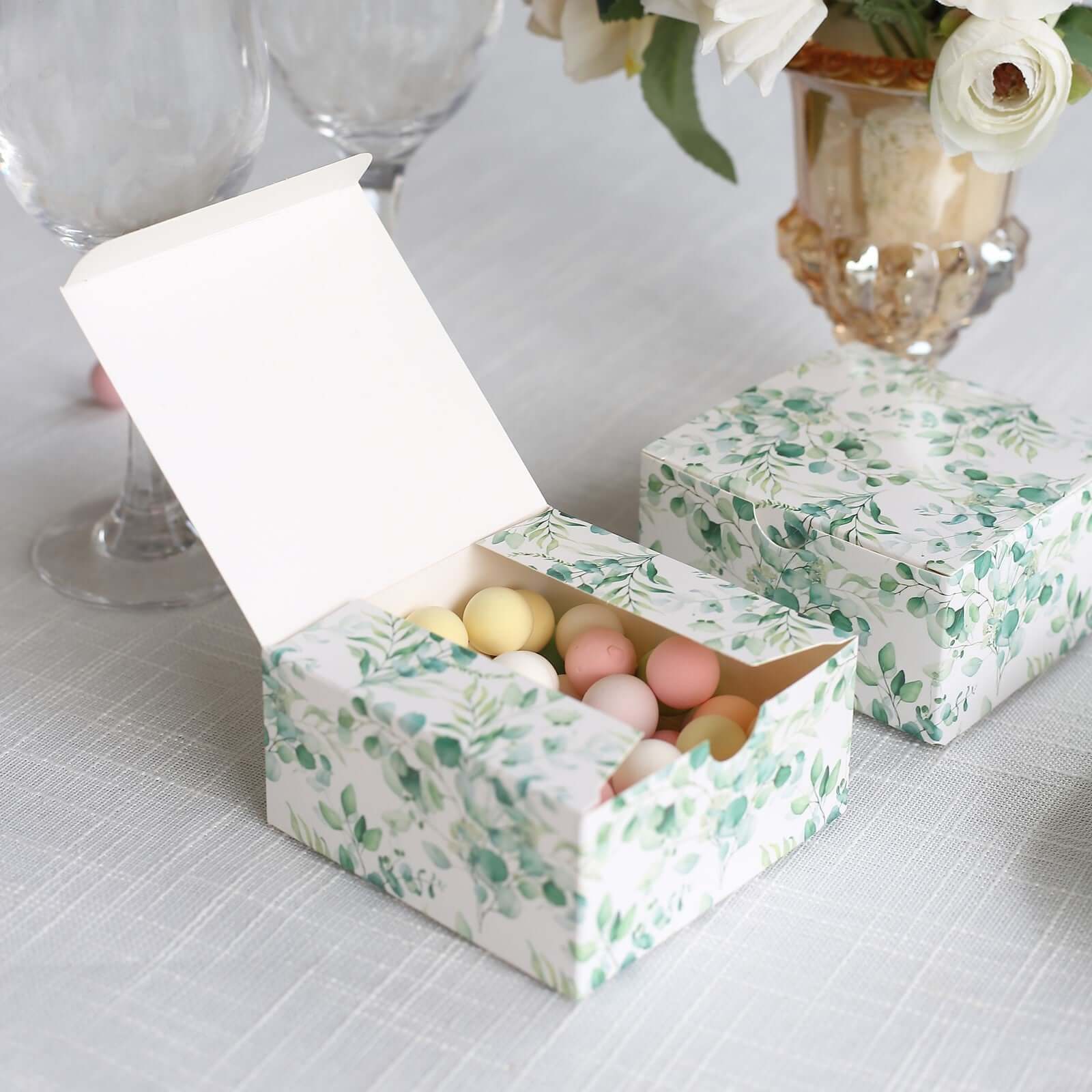 25 Pack White Green Eucalyptus Leaves Print Paper Favor Boxes, Cardstock Party Shower Candy Gift Boxes - 4"x4"x2" - Bell Racket Store