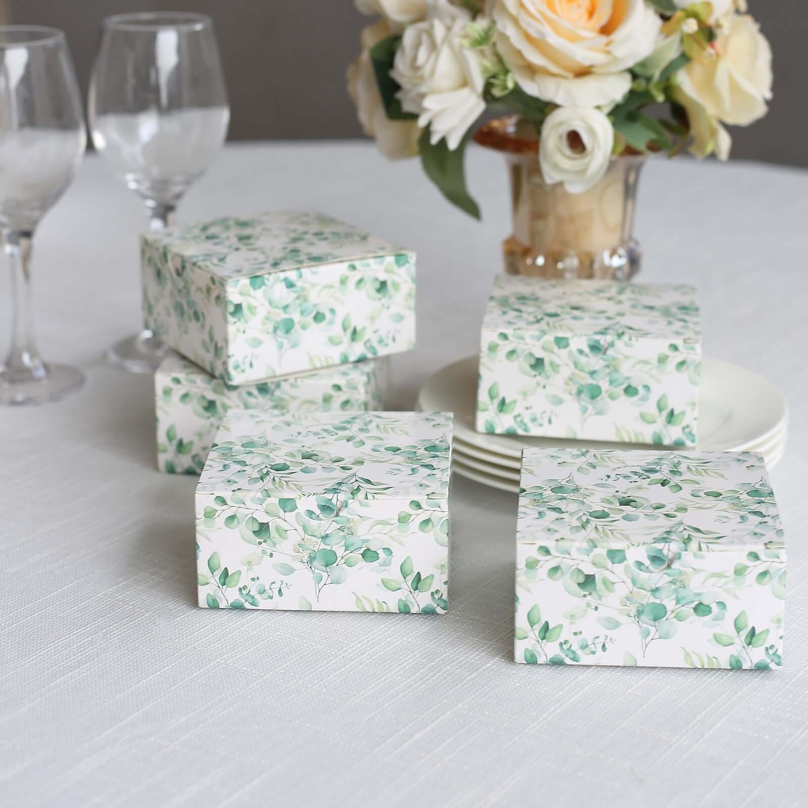 25 Pack White Green Eucalyptus Leaves Print Paper Favor Boxes, Cardstock Party Shower Candy Gift Boxes - 4"x4"x2" - Bell Racket Store