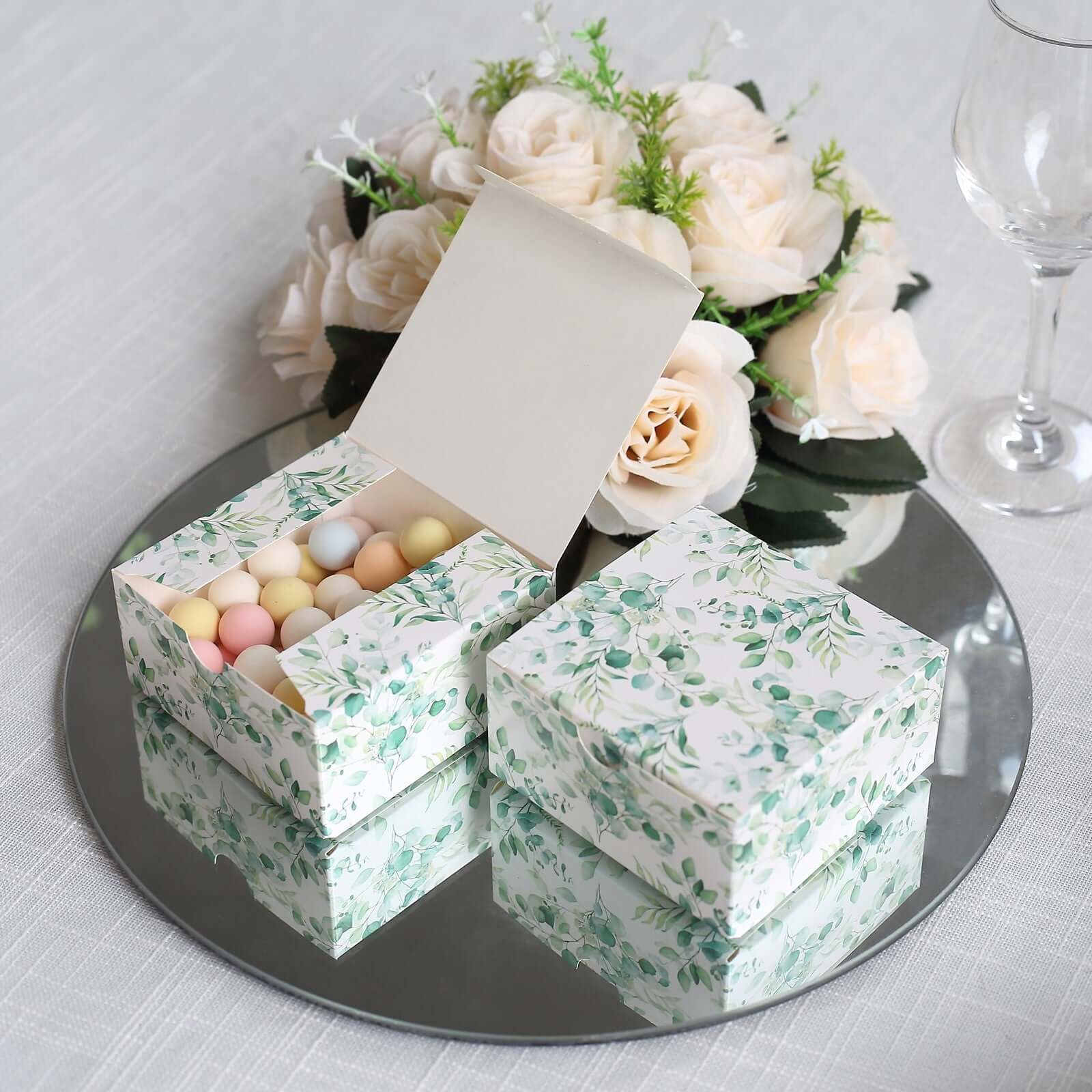 25 Pack White Green Eucalyptus Leaves Print Paper Favor Boxes, Cardstock Party Shower Candy Gift Boxes - 4"x4"x2" - Bell Racket Store