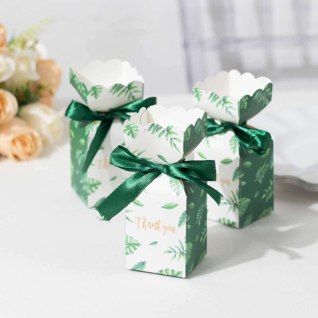 25 Pack White Green Leaf Print Satin Ribbon Candy Gift Boxes With Floral Top, Cardstock Paper Party Favor Boxes - 2"x5" - Bell Racket Store