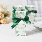 25 Pack White Green Leaf Print Satin Ribbon Candy Gift Boxes With Floral Top, Cardstock Paper Party Favor Boxes - 2"x5" - Bell Racket Store