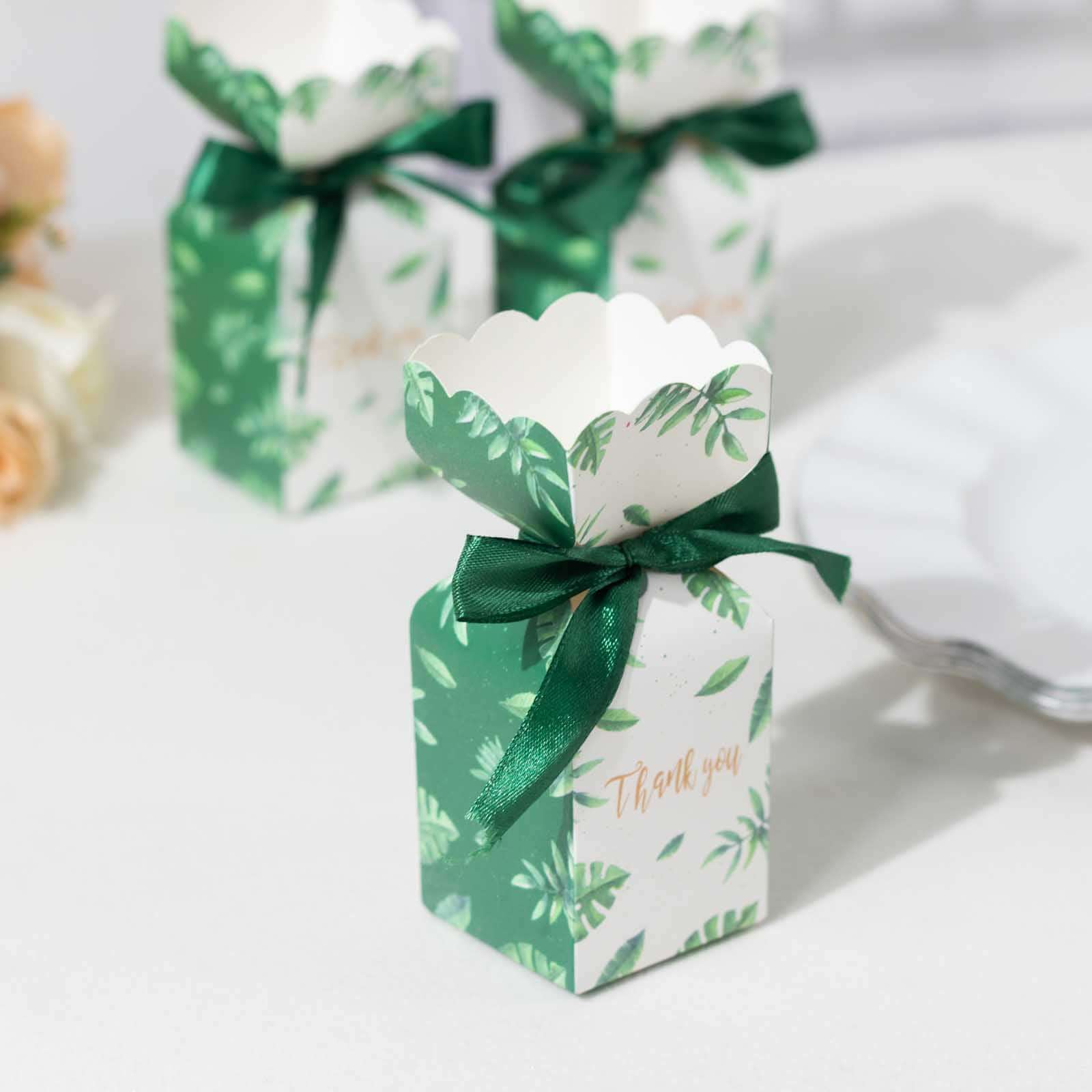 25 Pack White Green Leaf Print Satin Ribbon Candy Gift Boxes With Floral Top, Cardstock Paper Party Favor Boxes - 2"x5" - Bell Racket Store