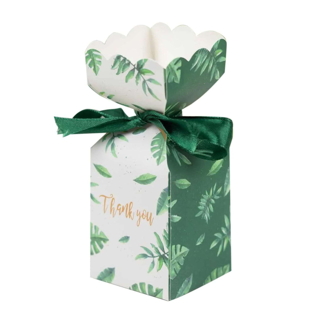 25 Pack White Green Leaf Print Satin Ribbon Candy Gift Boxes With Floral Top, Cardstock Paper Party Favor Boxes - 2"x5" - Bell Racket Store