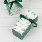 25 Pack White Green Leaf Print Satin Ribbon Candy Gift Boxes With Floral Top, Cardstock Paper Party Favor Boxes - 2"x5" - Bell Racket Store