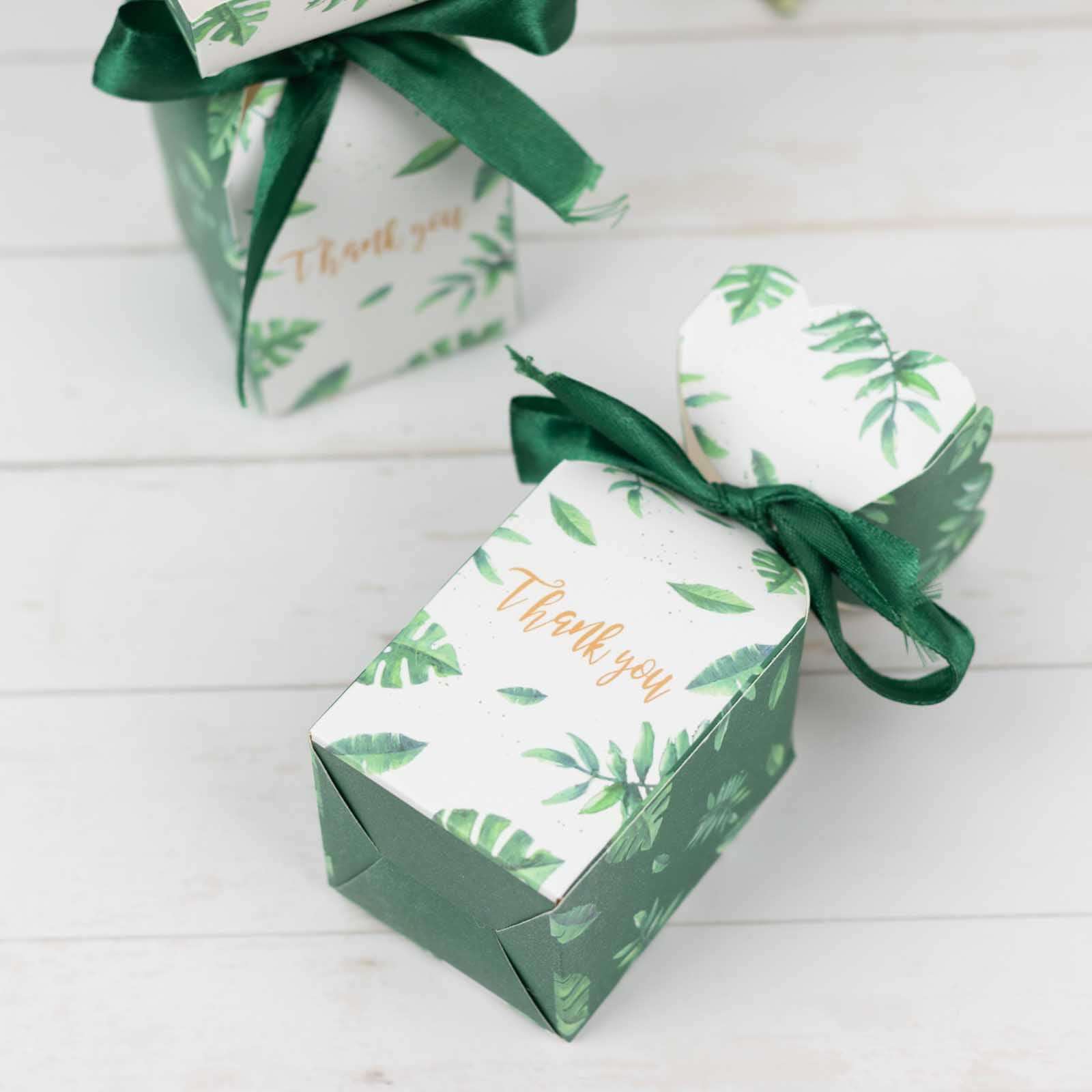 25 Pack White Green Leaf Print Satin Ribbon Candy Gift Boxes With Floral Top, Cardstock Paper Party Favor Boxes - 2"x5" - Bell Racket Store