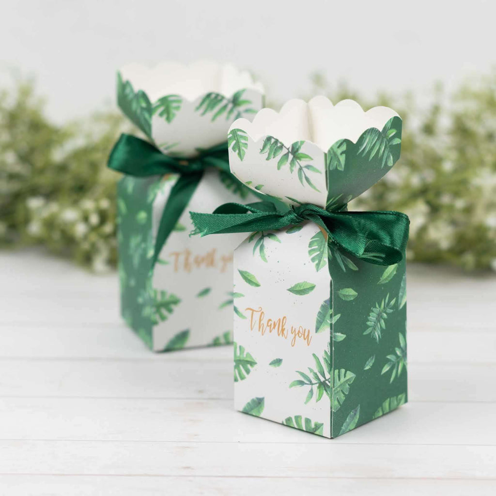 25 Pack White Green Leaf Print Satin Ribbon Candy Gift Boxes With Floral Top, Cardstock Paper Party Favor Boxes - 2"x5" - Bell Racket Store