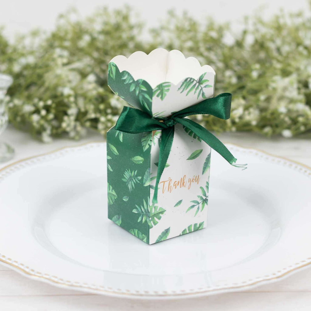 25 Pack White Green Leaf Print Satin Ribbon Candy Gift Boxes With Floral Top, Cardstock Paper Party Favor Boxes - 2"x5" - Bell Racket Store