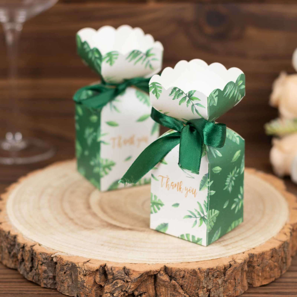 25 Pack White Green Leaf Print Satin Ribbon Candy Gift Boxes With Floral Top, Cardstock Paper Party Favor Boxes - 2"x5" - Bell Racket Store