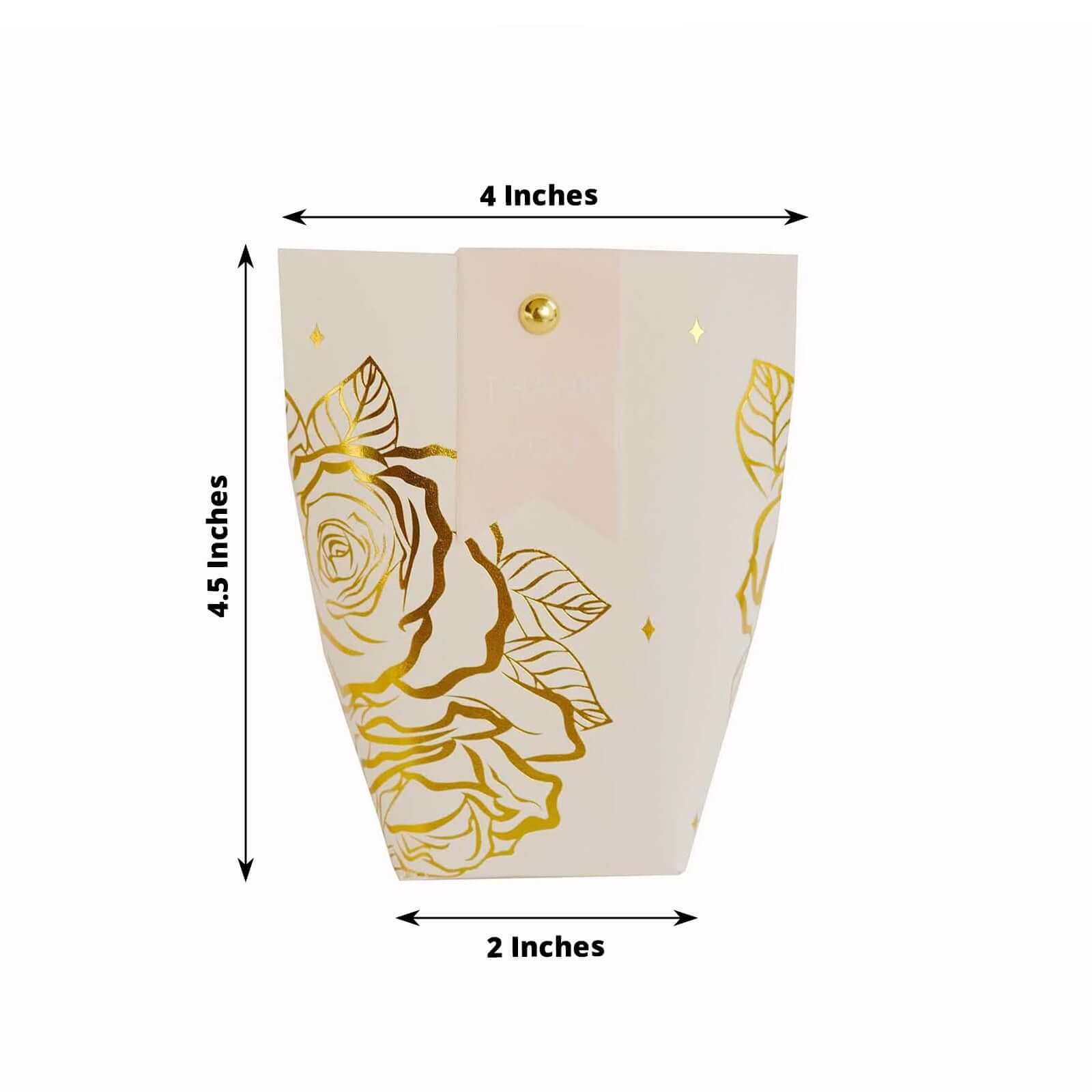 25 Pack White Paper Pouch Candy Gift Bags With Gold Rose Flower Print, Party Favor Boxes with Pin and Tags - 4.5"x4" - Bell Racket Store