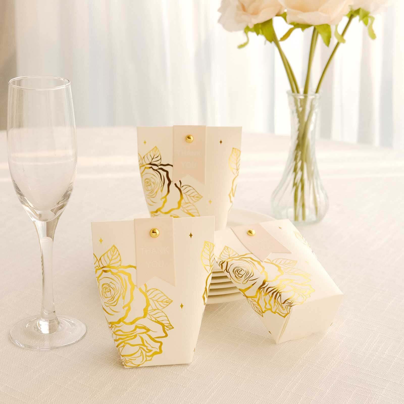25 Pack White Paper Pouch Candy Gift Bags With Gold Rose Flower Print, Party Favor Boxes with Pin and Tags - 4.5"x4" - Bell Racket Store