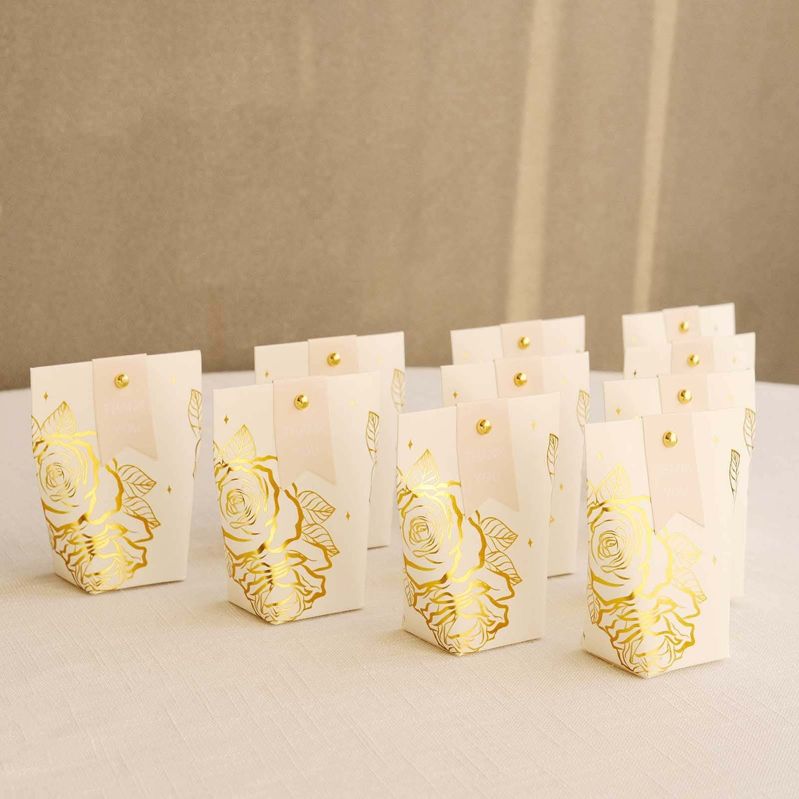 25 Pack White Paper Pouch Candy Gift Bags With Gold Rose Flower Print, Party Favor Boxes with Pin and Tags - 4.5"x4" - Bell Racket Store