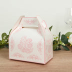 25 Pack White Pink Candy Gift Tote Gable Boxes in Damask Floral Pattern, Party Favor Treat Boxes - 6"x3.5"x7" - Bell Racket Store