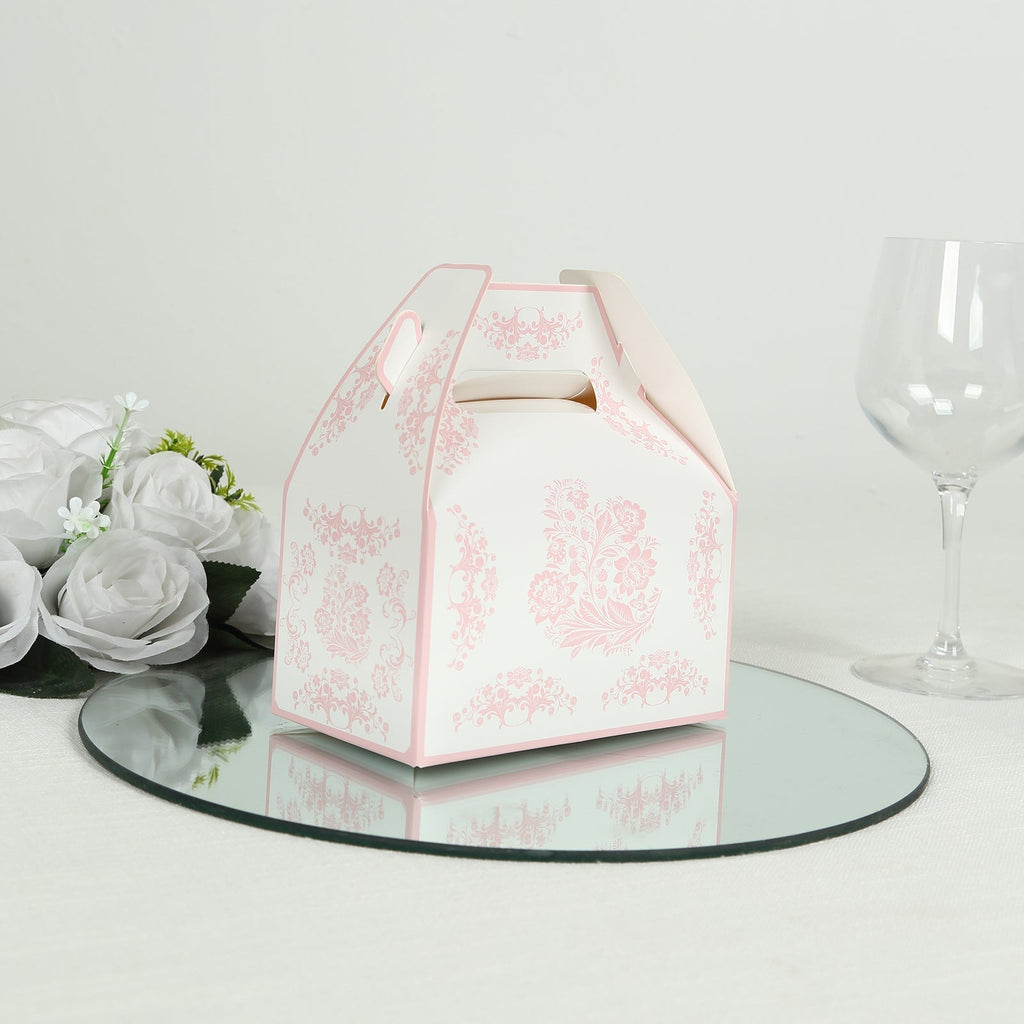 25 Pack White Pink Candy Gift Tote Gable Boxes in Damask Floral Pattern, Party Favor Treat Boxes - 6"x3.5"x7" - Bell Racket Store