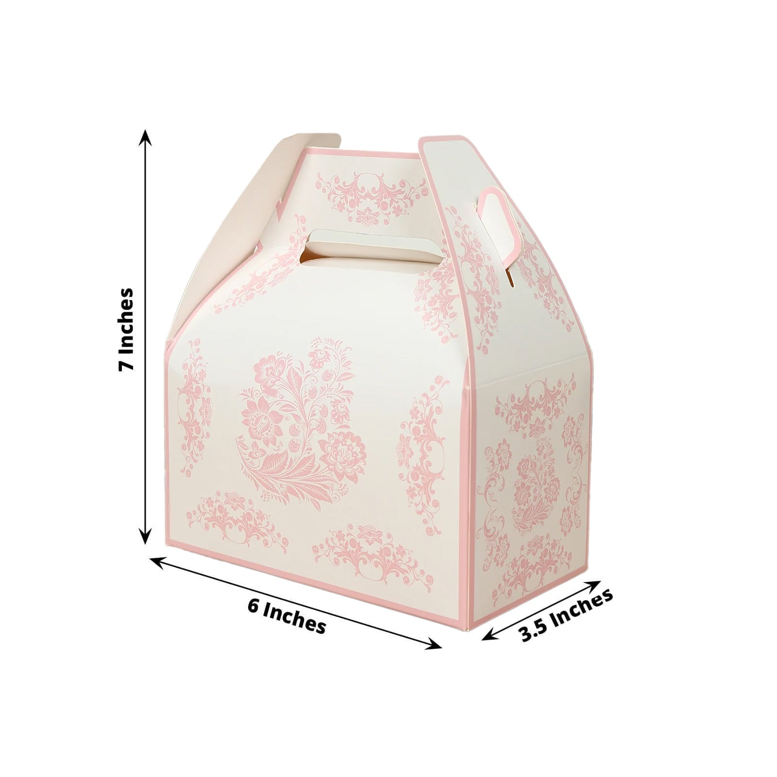 25 Pack White Pink Candy Gift Tote Gable Boxes in Damask Floral Pattern, Party Favor Treat Boxes - 6"x3.5"x7" - Bell Racket Store