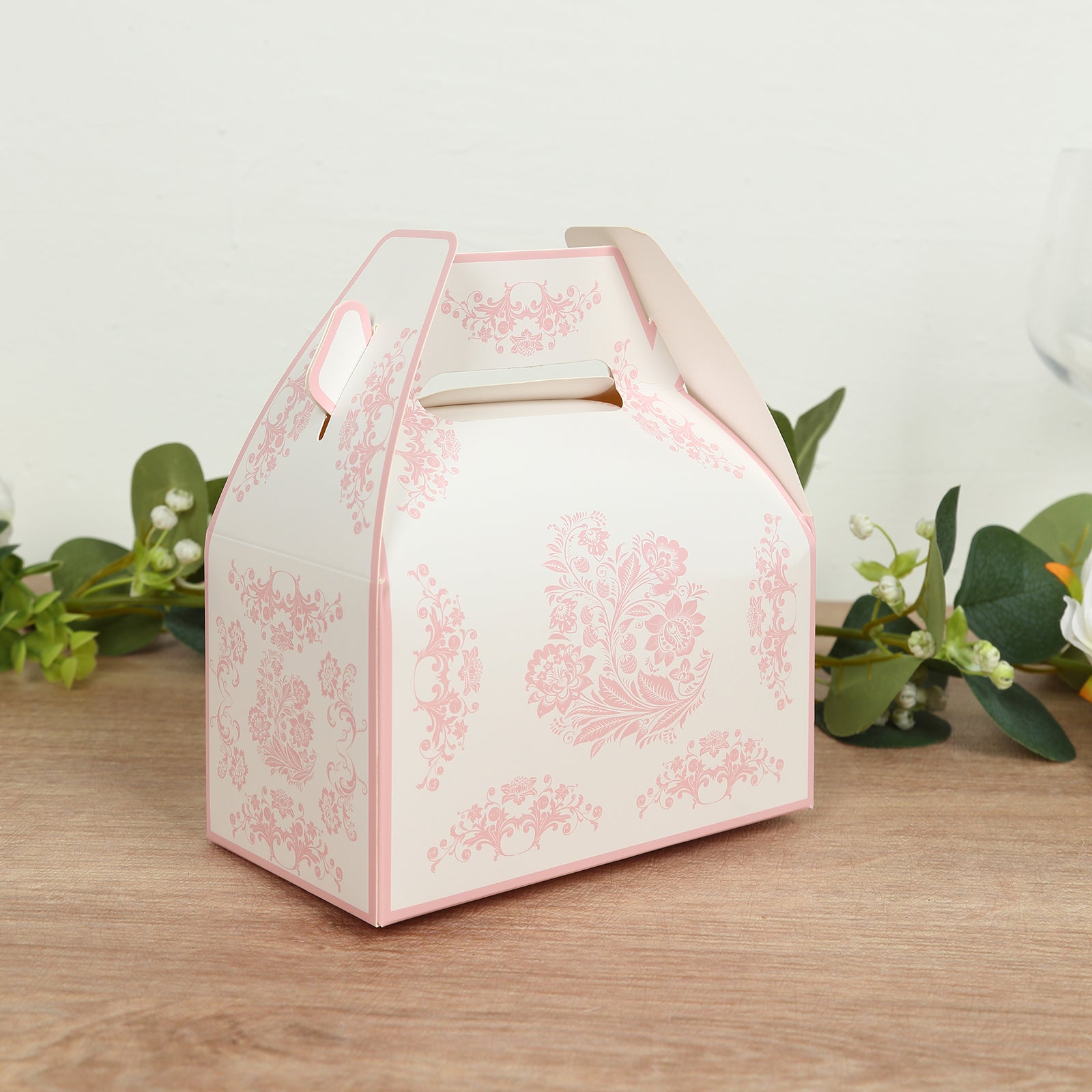 25 Pack White Pink Candy Gift Tote Gable Boxes in Damask Floral Pattern, Party Favor Treat Boxes - 6"x3.5"x7" - Bell Racket Store