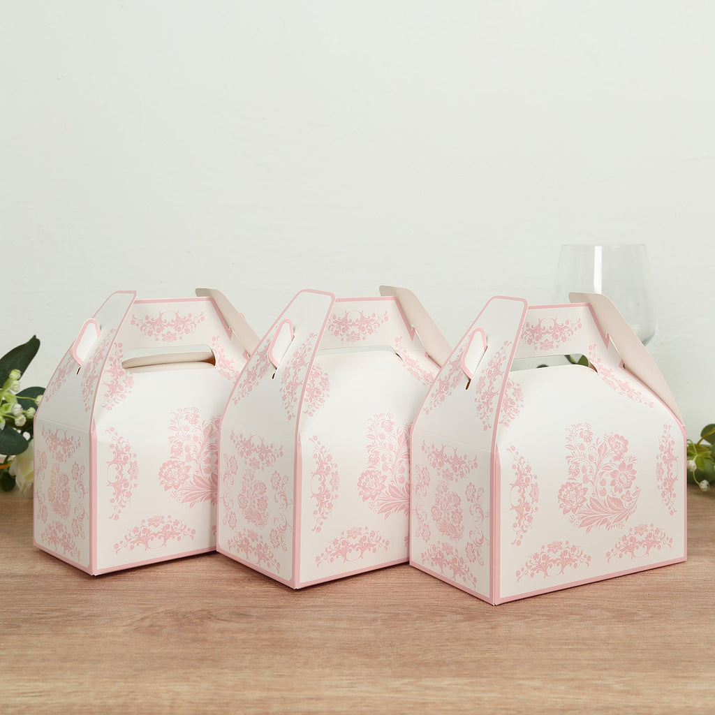 25 Pack White Pink Candy Gift Tote Gable Boxes in Damask Floral Pattern, Party Favor Treat Boxes - 6"x3.5"x7" - Bell Racket Store