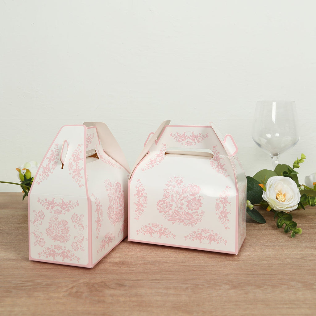 25 Pack White Pink Candy Gift Tote Gable Boxes in Damask Floral Pattern, Party Favor Treat Boxes - 6"x3.5"x7" - Bell Racket Store