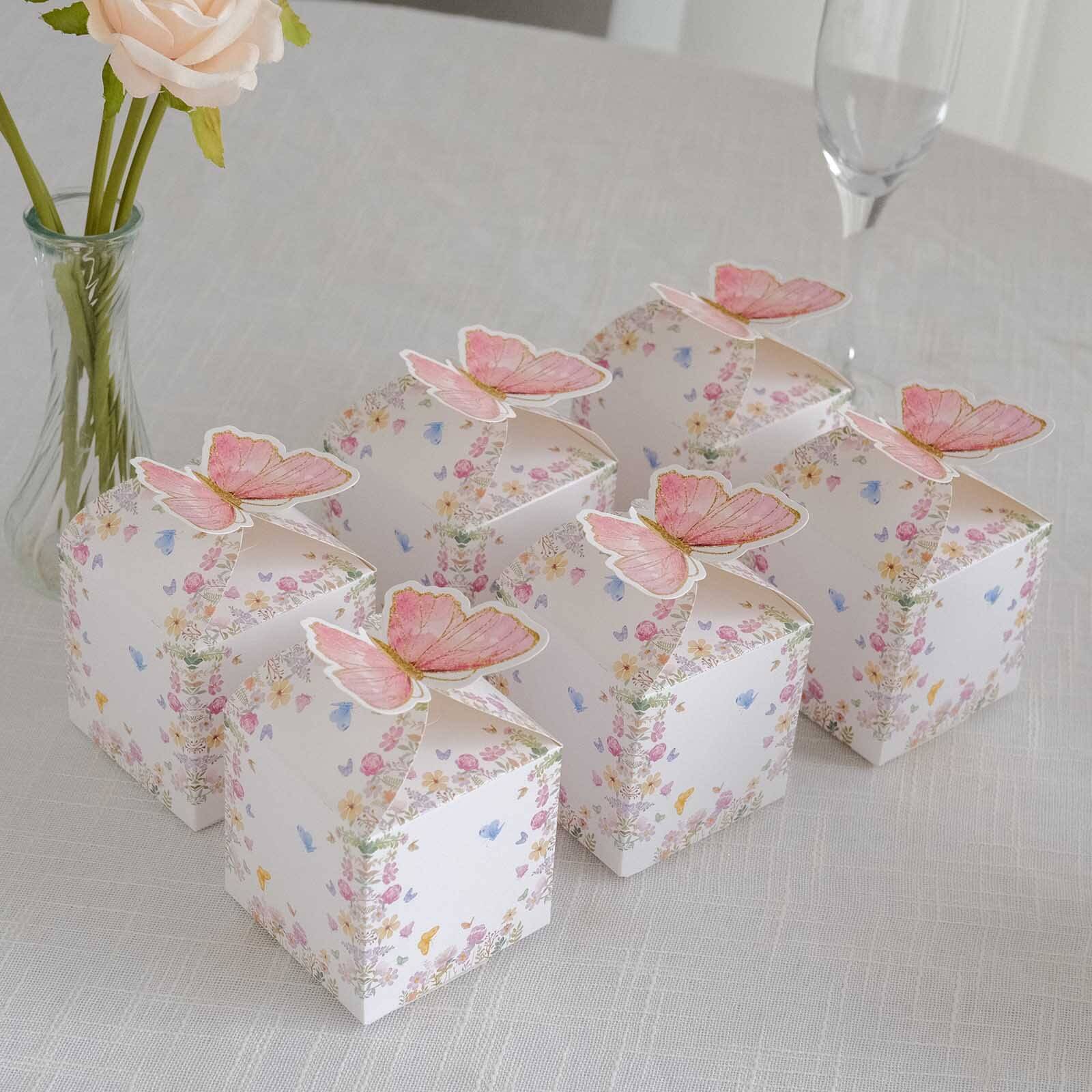 25 Pack White Pink Glitter Butterfly Top Candy Gift Boxes, 3"x4" Spring Floral Party Favor Boxes - Bell Racket Store